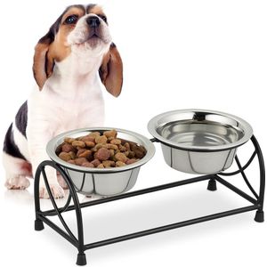 Relaxdays hondenvoerbakken met standaard - eetbakken van rvs - ijzeren houder - 400 ml