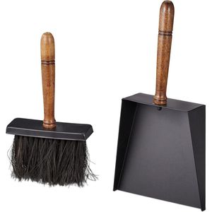 Stoffer en blik voor kachel en open haard - gepoedercoat ijzer - stofblik veger - houten handgreep - zwart/bruin