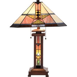 HAES DECO - Tiffany Tafellamp 42x42x60 cm Beige Groen Glas Tiffany Bureaulamp Tiffany Lampen Glas in Lood