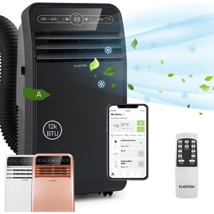 Klarstein -Metrobreeze New York Smart - Mobiele Airco Met Afvoerslang- 3-In-1 Airco Met Ventilator- Luchtontvochtiger & Nachtmodus- Kleine & Draagbare Airco Voor Woning En Kantoor- Gering Verbruik- App-Bediening- 12000 Btu - Zwart