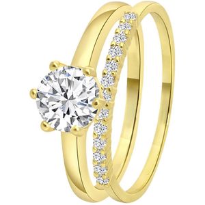 Lucardi Dames Goldplated Dubbele Ring met Zirkonia - Ring - Cadeau - Echt Zilver - Goudkleurig