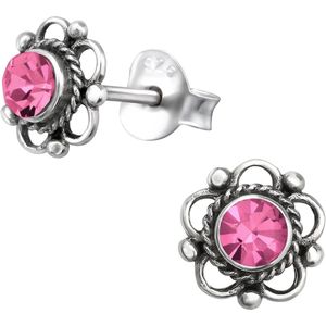 Joy|S - Zilveren Bali bloem oorbellen - 7 mm - roze kristal - geoxideerd
