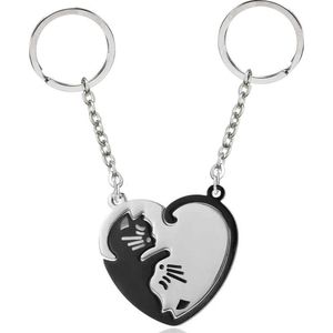 Bixorp Friends Vriendschap Sleutelhanger voor 2 met Poesjes / Katjes Zwart & Zilverkleurig Hartje - Roestvrij staal / Stainless Steel - Sleutelhanger Liefde - Best Friends BFF Cadeau Meisjes & Kinderen