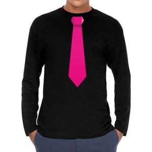 Stropdas fuchsia roze long sleeve t-shirt zwart voor heren- zwart shirt met lange mouwen en stropdas bedrukking voor heren L