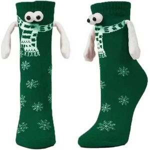 Schattige sokken met magnetische handjes - Groen met bolle ogen, sjaal en sneeuwvlokken - Sokken Dames/Heren/Kinderen maat 35-43