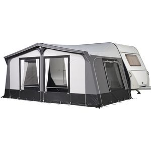 Campout Voortent Nova 250 – Omloopmaat 851-875 cm - Zonneluifel – Zonwering – Camper en Caravan – Schroefloze Bevestiging – Inclusief Tochtstrook, Wielflap, Tentharingen, Ladderspanners en Opbergtas – YKK ritsen – Naadloos Dak - Lichtgrijs