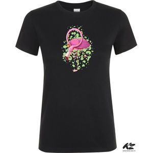 Klere-Zooi - Flamingo met Drankje - Zwart Dames T-Shirt - XXL
