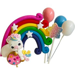 Luna Balunas Gekleurde Eenhoorn Taarttopper Regenboog Ballonnen - Cake Decoratie Feestversiering Taart topper