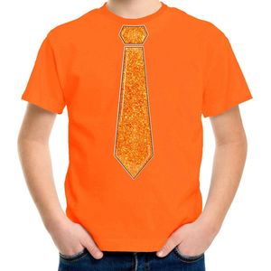Bellatio Decorations Verkleed t-shirt voor kinderen - glitter stropdas - oranje - jongen - carnaval 164/176