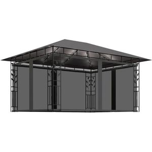 vidaXL Prieel met klamboe LED-lichtslinger 4x3x2,73 m antracietkleurig - Prieel Met Lichtslinger - Prieeëlen Met Lichtslingers - Luifel - Luifels