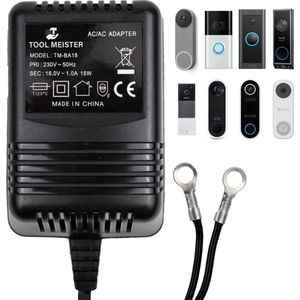 Tool Meister BA18 - Adapter voor Smart Deurbel - Universele Beltransformator - Beltrafo - Transformator - Op Maat voor Google Nest, Eufy, Ring, Zedar, TP-Link, Arlo, Ezviz, Blink, Netatmo, Hombli - 5 Meter Kabel - AC/AC -18V - 1A - 18VA (18W)