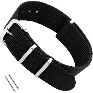 Trankielo - Nylon Horlogeband voor Heren en Dames - Vervangende Militaire 4 Ringen Horlogeband Polsband - Zwart met Zilveren Metalen Gesp - 27*2.2cm/10.62*0.86inch