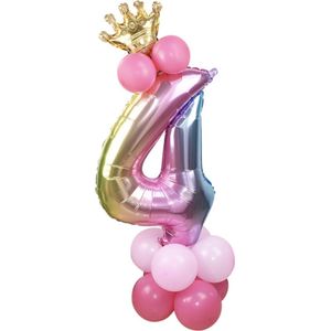 Prinsessen Verjaardag 4 Jaar - Roze Ballonnen Set - Leeftijdballon - Feestversiering / Verjaardag Versiering - Prinses Feestje - Kinderfeestje - Regenboog / Roze - Prinsessenkroontje Ballon - Prinsessen Ballon - Feestpakket - Roze Ballonnen