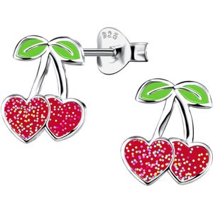 Joy|S - Zilveren kers oorbellen - 9 x 10 - rode hartjes met glitter - rhodium / gehodineerd - kinderoorbellen
