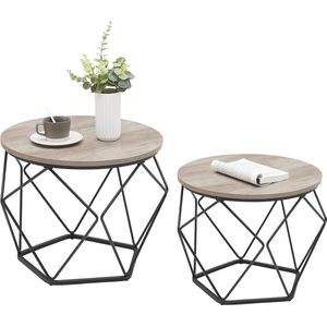 bijzettafel set van 2 salontafels banktafel met mand functieset tafel geometrisch stalen frame voor woonkamer slaapkamer grijs zwart LET040B02