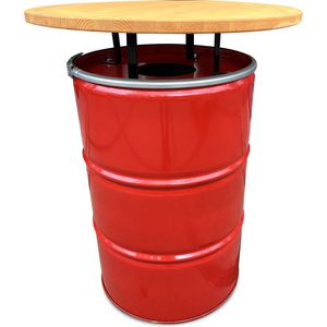 Barrelkings industrieel statafel/ prullenbak 2 in 1| Metaal Olievat 200 Liter rood Afvalbak/Prullenbak 200 Liter met gat deksel | Bar tafel/ Hangtafel met gelakte houtenblad. 80 cm/ 105 cm Inhoud 200 Liter.