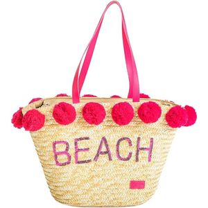 Rieten Ibiza strandtas Beach - Fuchsia/roze/beige - Pom pom - Boho handtas met ritssluiting - 50 x 30 x 18 - Schoudertas voor volwassenen - Gevoerd - Met binnenvak - Zwemtas, sporttas, grote shopper, badtas - Grote capaciteit