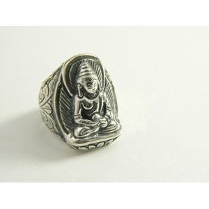 Bewerkte zilveren Boeddha ring - maat 16.5