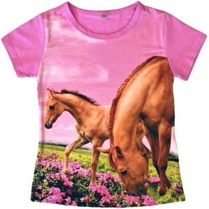 T-shirt met paarden, roze, full colour print, kids, kinder, maat 110/116, horses, mooie kwaliteit!