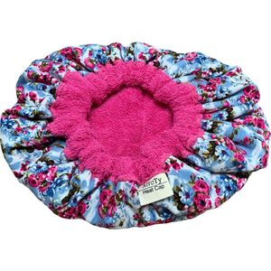Heat Cap lijnzaad – Blauw Roze bloemen AfroTy - Heatcap - Conditioning Cap - Warmtekap - Krullend haar - Deep Conditioning - Haar herstellend - head cap winter - Curly Hair - Thermische Haarverzorgingskap - Douchemuts