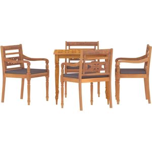 vidaXL Tuinset - Tuinsets - Loungeset - Tuintafel - 5-delige Tuinset met donkergrijze kussens massief teakhout