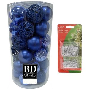 37x stuks kunststof kerstballen kobalt blauw 6 cm inclusief zilveren kerstboomhaakjes - Kerstversiering