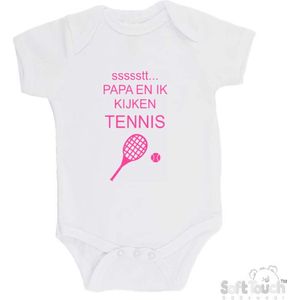 100% katoenen Romper ""ssssstt... Papa en ik kijken tennis"" Meisjes Katoen Wit/roze Maat 62/68