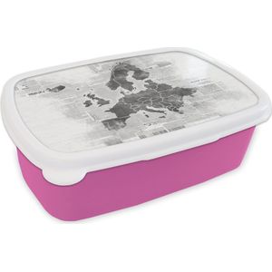 Broodtrommel Roze - Lunchbox - Brooddoos - Europakaart op krantenpapier - zwart wit - 18x12x6 cm - Kinderen - Meisje