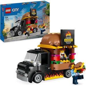 City Hamburgertruck Bouwpakket met Speelgoed Vrachtwagen, Eten en Keuken, plus Minifiguur van een Verkoper en Accessoires, Leuk Cadeau voor Kinderen vanaf 5 Jaar