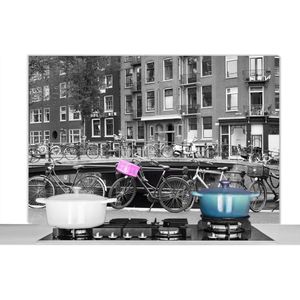 Spatscherm keuken 120x80 cm - Kookplaat achterwand Amsterdamse grachten met roze fietskrat - Muurbeschermer - Spatwand fornuis - Hoogwaardig aluminium