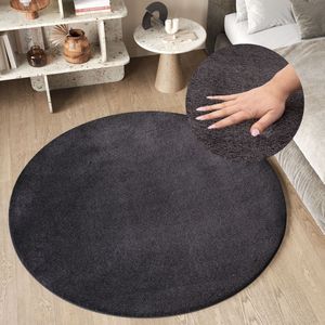 Tapiso Cuddle Rond Vloerkleed Antraciet Hoogpolig Shaggy Tapijt Maat- 120x120