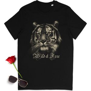 T shirt met tijger opdruk - Tekst: Wild and Free - Dames en heren tshirt met print - Unisex maten: S t/m 3XL - Kleur: zwart.