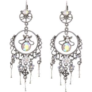 Behave Dames oorbellen hangers zilver-kleur steentjes 8,5 cm