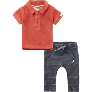 Noppies - Kledingset - 2delig - Broek Grijs - Polo Shirt bruin rood - Maat 86