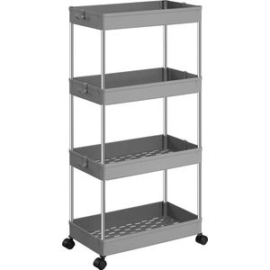 SONGMICS Trolley, keukentrolley met 4 niveaus, keukenplank, nisplank, met 6 haken, 360° draaibare wielen, afsluitbaar, stalen frame, badkamer, keuken, kantoor, grijs KSC010G01