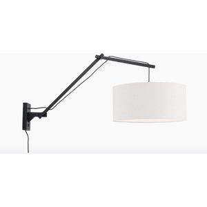 Wandlamp met Lange Arm - ANDES - Zwart Bamboe - Wit Linnen - Met LED-lamp