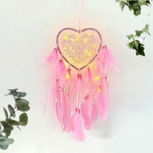 Kanten hart dromenvanger met lichten - Roze veren en LED-verlichting