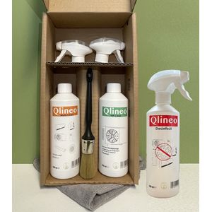 Onderhoudsset airco/ airco Cleaner. Qlineo HP Clean 500 ml (airco reiniger) + Multi Clean 500 ml + Desinfect 500 ml met microvezeldoek en reinigingsborstel. Geschikt voor zowel de binnen- als de buitenunit.