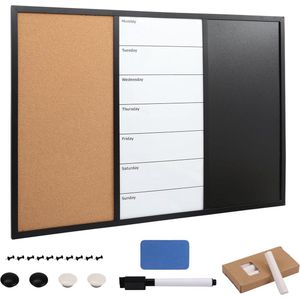 3-in-1 Kombinatie Kurkbord, Whiteboard & Schoolbord - 90 x 60cm - Magnetisch Memo/Bulletin Bord met Pennen