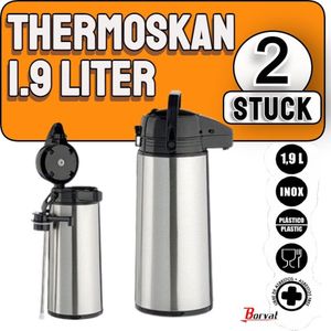 Borvat® | 2X Thermoskan 1.9 liter - isoleerkan - Thermos 1.9 liter - Waterfles - Stalen - RVS - Thermoskan met pomp - 1,9 Liter - RVS -Vaatwasserbestendig