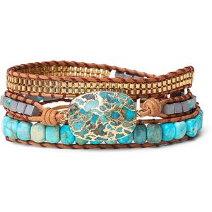 Zentana Turkoois & Jaspis Wikkelarmband - Goud Geperst - Verstelbaar - Armbandjes voor Dames