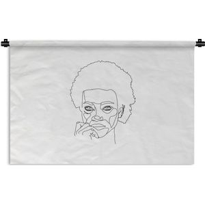Wandkleed Line-art Vrouwengezicht - 24 - Line-art vrouw met afro op een witte achtergrond Wandkleed katoen 150x100 cm - Wandtapijt met foto