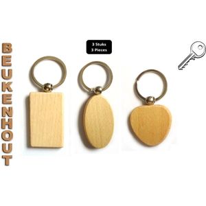 Sleutelhangers – Setje van 3 - Hart + Ovaal + Rechthoek – Blanco Promotionele - DIY Blanco Houten Sleutelhanger – Natuurlijke Beukenhout Sleutelhanger – Houten Sleutelhanger – Beechwood Key Chain – Set of 3 Heart + Oval + Rectangle