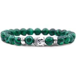 Bixorp Gems Natuursteen Boeddha Armband van Malachiet - Groene Kralenarmband met Stainless Steel / Roestvrij Staal