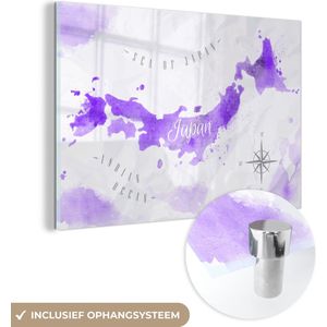 MuchoWow® Glasschilderij 60x40 cm - Schilderij acrylglas - Wereldkaarten - Japan - Paars - Foto op glas - Schilderijen