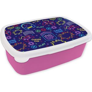 Broodtrommel Roze - Lunchbox - Brooddoos - Gaming - Neon - Koptelefoon - Design - 18x12x6 cm - Kinderen - Meisje