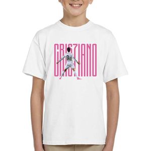Ronaldo - Kinder T-Shirt - Wit - Maat 134/140 - T-Shirt leeftijd 9 tot 11 jaar - Voetbal shirt - Cadeau - Shirt cadeau - CR7 t-shirt - voetbal - verjaardag - Unisex Kids T-Shirt - Roze Tekst