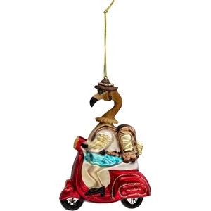 HAES DECO - Kersthanger Scooter - Formaat 10x5x13 cm - Kleur Rood - Materiaal Glas / Polyresin - Kerstversiering, Kerstdecoratie, Decoratie Hanger, Kerstboomversiering