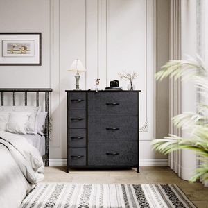 Ladekast, kationische stof 7-lades opbergunit voor slaapkamer, woonkamer, kast, stevig stalen frame, gemakkelijk te trekken stoffen bakken en houten top, stoffen dressoir