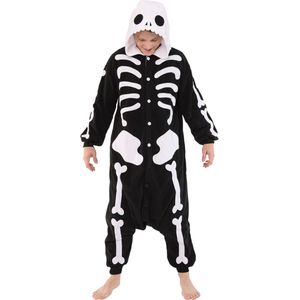 KIMU Onesie Skelet Pak - Maat L-XL - Skeletpak Kostuum Zwart Wit Botten - Halloween Huispak Jumpsuit Pyjama Zacht Dames Heren Overall Festival